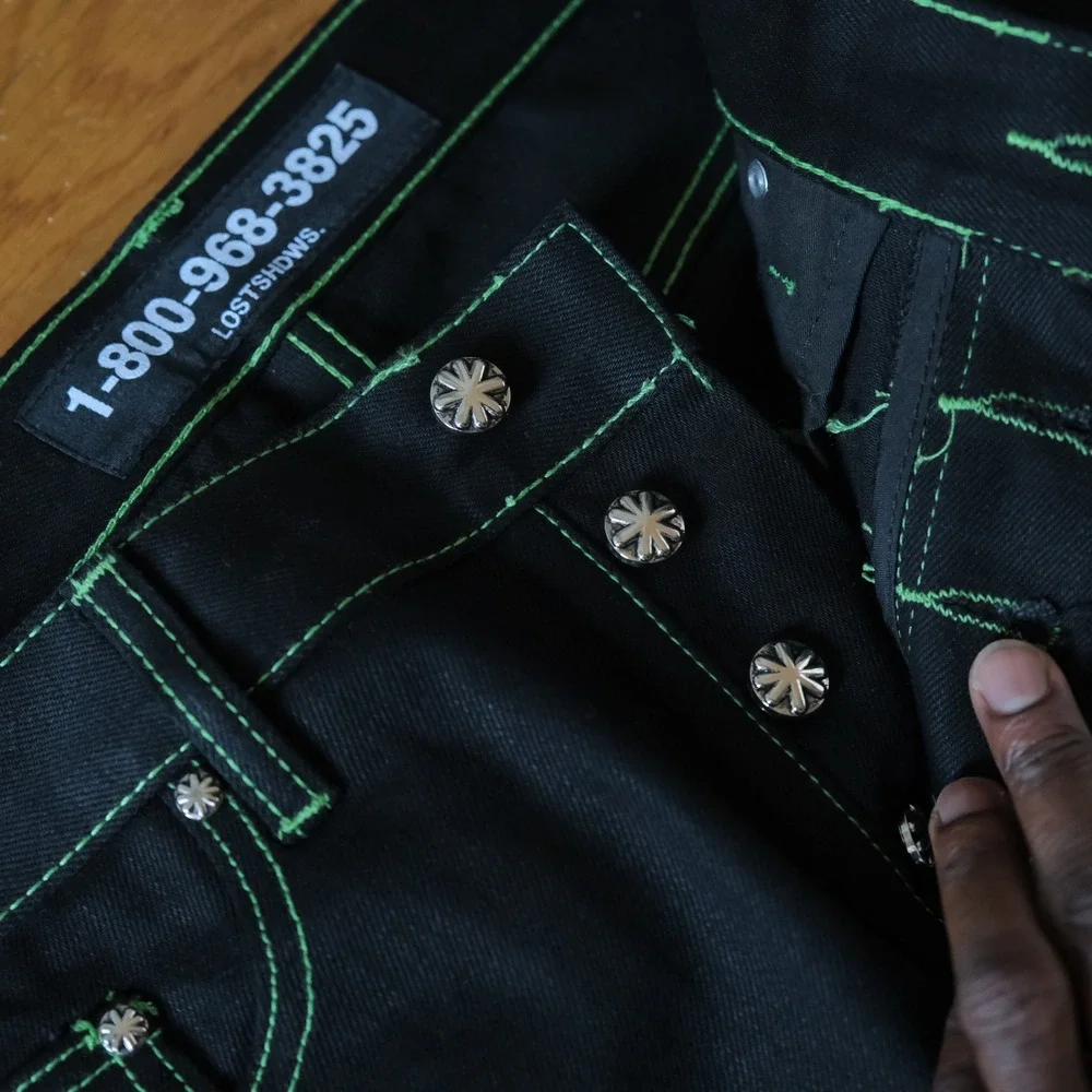 Lost SHDWS Green Outline Denim Jeans Mens Black Floral Streetwear 36 Straight